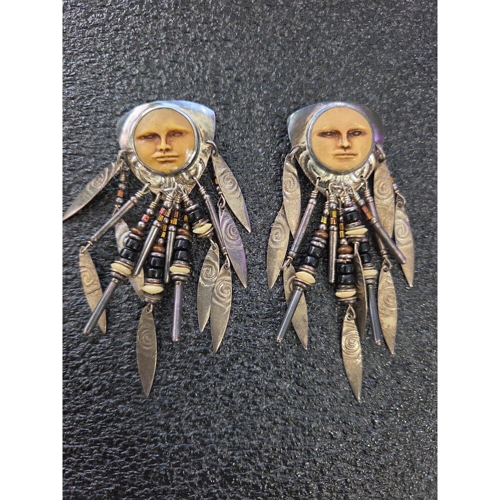 Vintage Tabra Sterling Silver, Onyx and Porcelain Moon Face Earrings